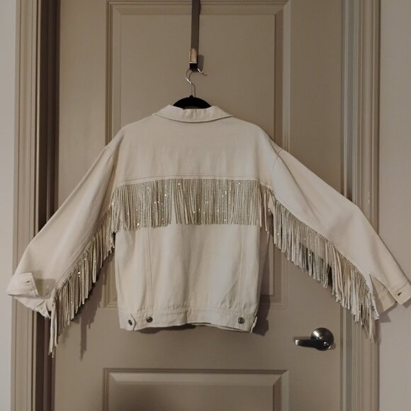 Medium Blue B Collection Cream Denim Fringe Jacket - Picture 3 of 5